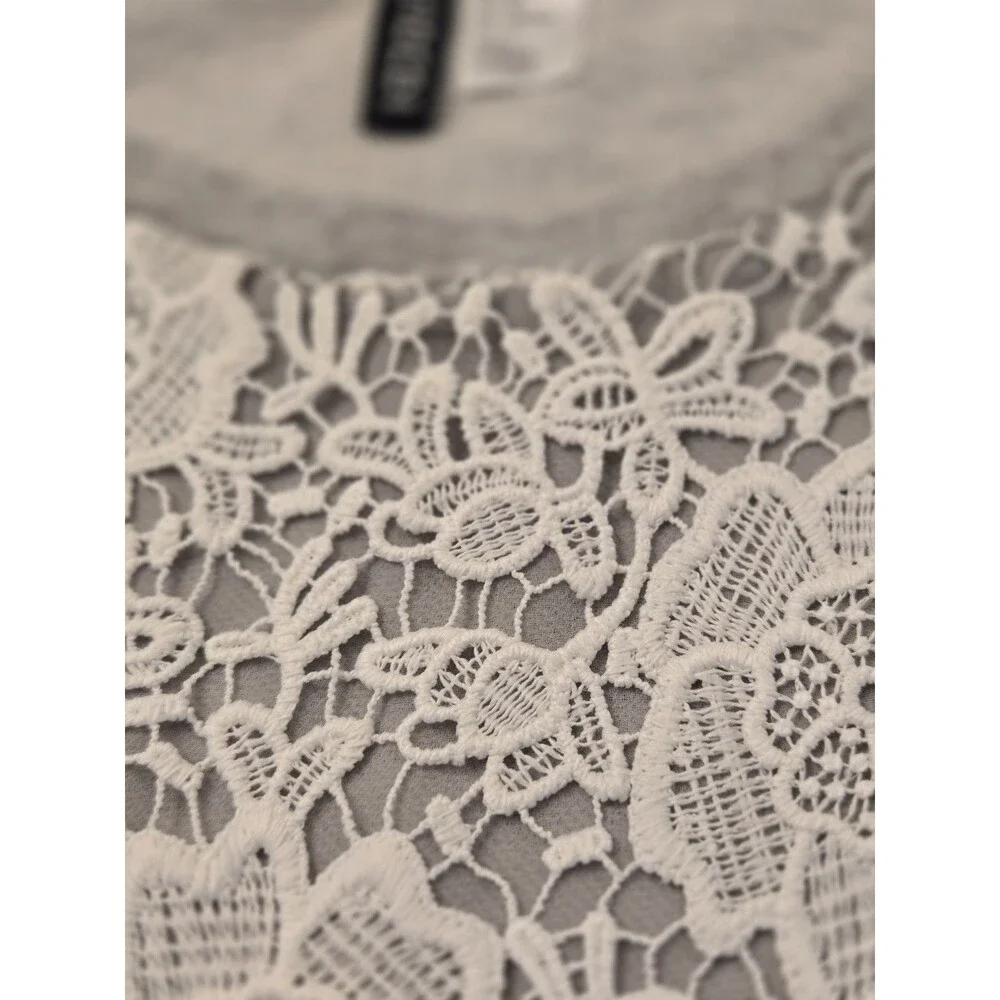 ​H&M Divided Grey Sweatshirt M White Floral Lace Overlay Raglan Pullover Crochet